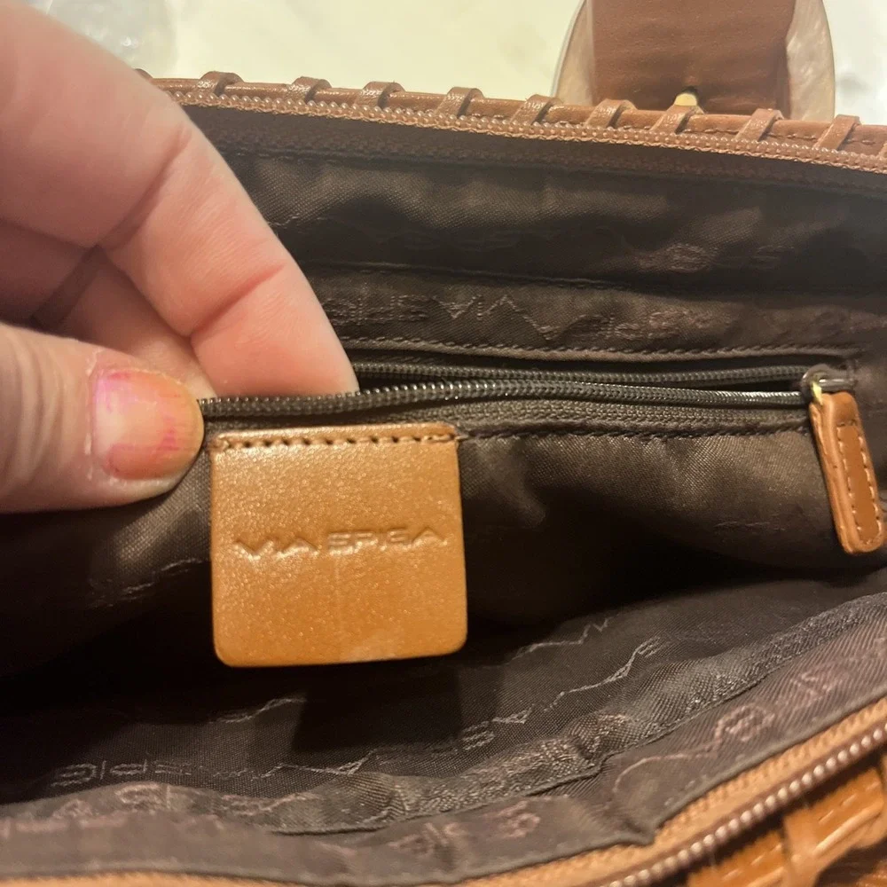 via spiga bag Satchel Brown With Cut Out Designs Leather